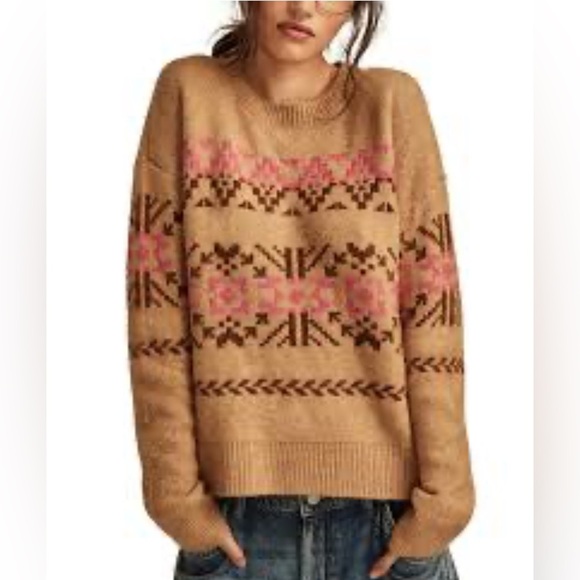 Lucky Brand Sweaters - Lucky Brand Tan and Pink Crew Neck Sweater with Nordic Pattern
